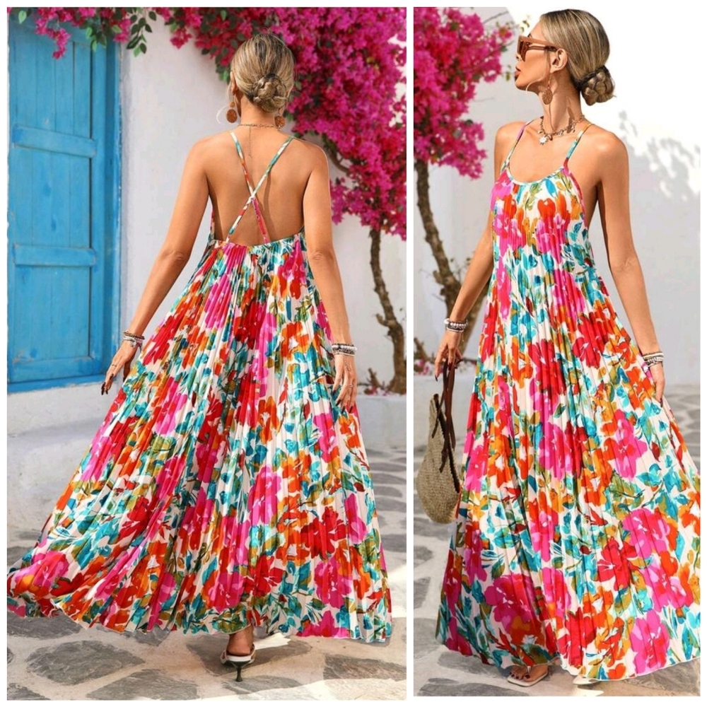New Flowy Pleated Maxi Cami Halter Dress Floral White Pink Blue Orange Green